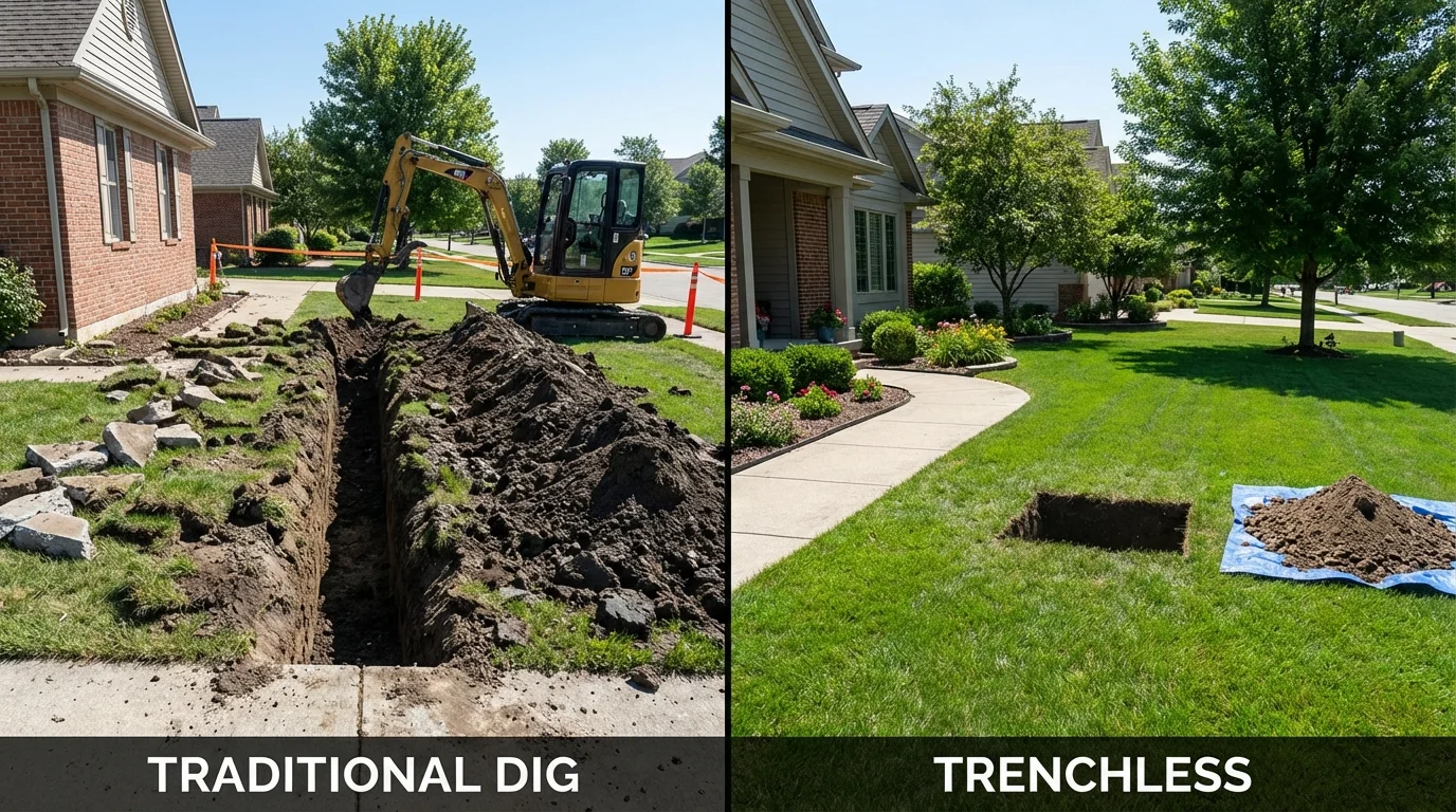Trenchless sewer repair with minimal yard damage versus traditional excavation in Berlin, MA